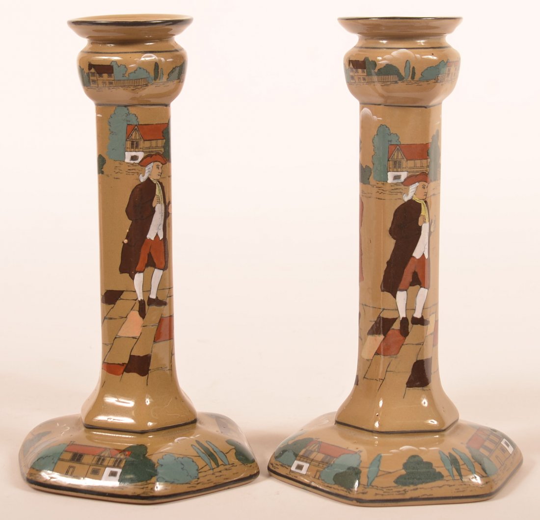 Two Buffalo Pottery Deldare Ware Candlesticks. (1 of 5)