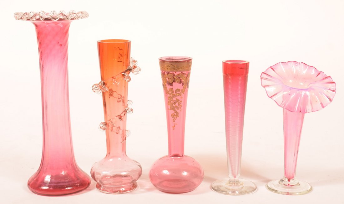 5 Various Victorian Cranberry Art Glass Vases. (1 of 1)
