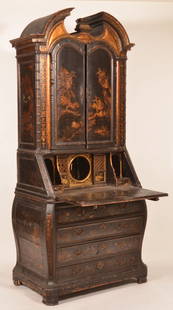 English 18th century Bombe Chinoiserie Black Lacquered: English 18th century Bombe Chinoiserie Black Lacquered Secretary Desk. 94"h. x 42"w. x 25-1/2"d. Condition: Fair to good with losses and wear.