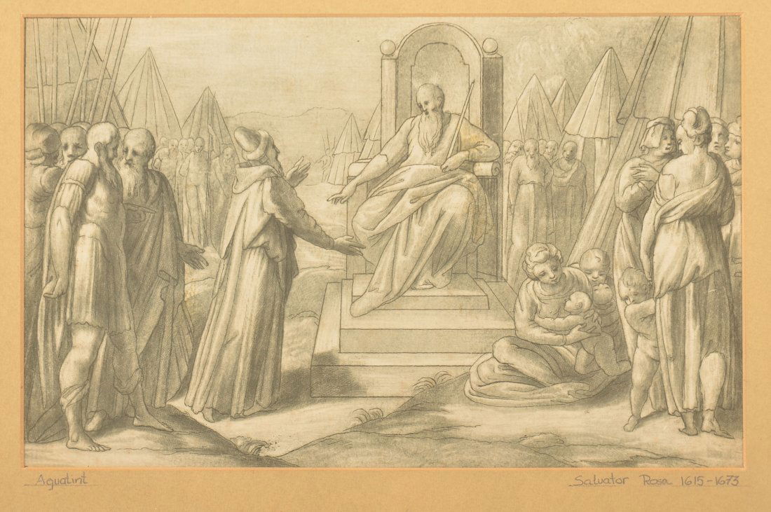 Aquatint Depicting Aaron before Moses.: Aquatint Depicting Aaron before Moses. Follower of Salvator Rosa. Framed and matted, 11-1/4" x 15" overall. Condition: Good with light foxing.