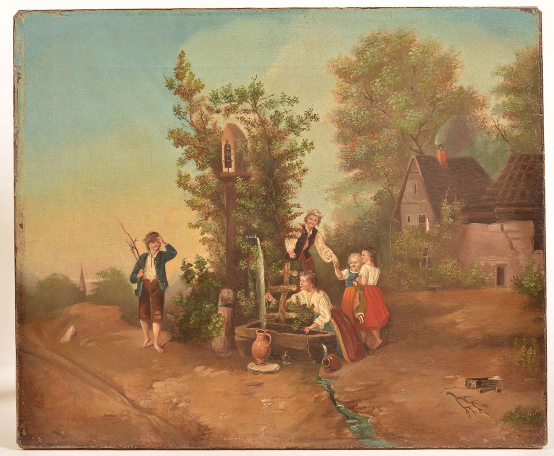 European 19th Century Oil on Canvas Painting.: European 19th Century Oil on Canvas Painting. Depicting children playing by a water pump with cottage in background. Faintly signed lower left but illegible. Unframed, 14-1/4" x 17-1/8". Condition: Go