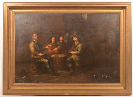 19th Cent. Baroque Style Oil on Canvas Painting.: 19th Century Baroque Style Oil on Canvas Painting. After Antoine Le Nain. Signed on back of canvas "The Card Players, A. Le Lain". Image size 24-1/2" x 37-1/4", in a molded frame, 32-3/4" x 45-1/4" ov