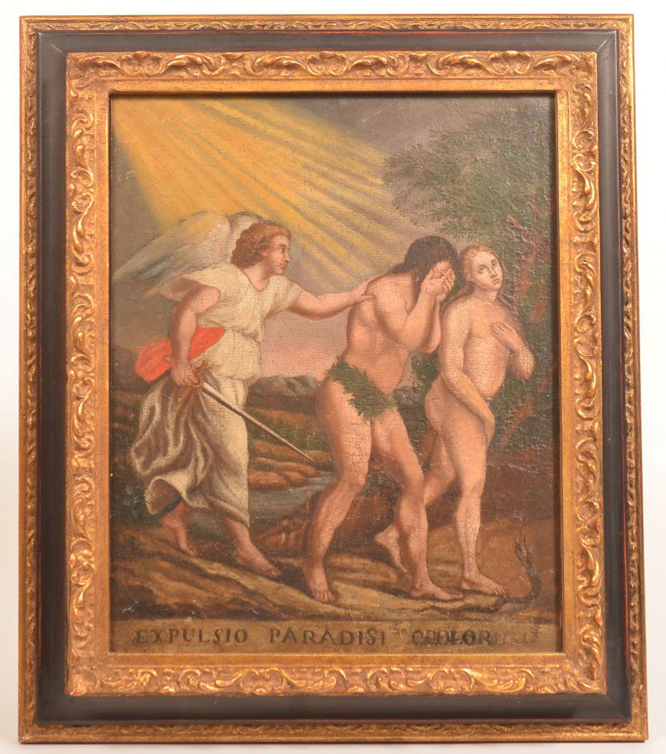 Antique Expulsion of Adam and Eve Painting. (1 of 4)