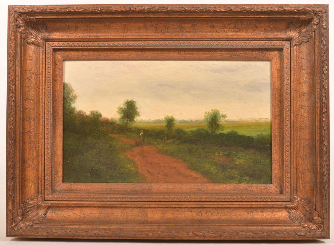 19th Century Oil on Board Landscape Painting.: 19th Century Oil on Board Landscape Painting. Signed lower left illegibly. Rural scene with two figures on a pathway. Image size 11-1/2" x 19-1/2", in a period style molded frame, 21-1/2" x 29-1/2" ov