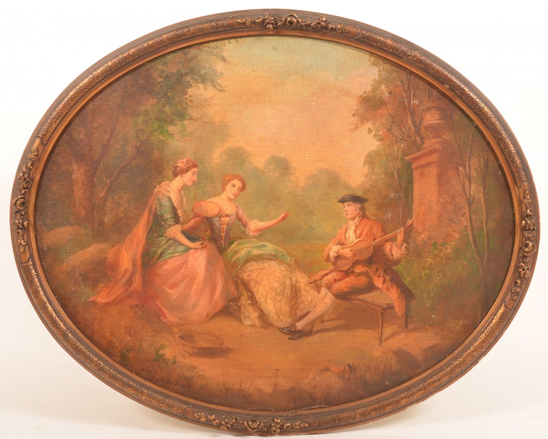 Painting Depicting a French Courting Scene.: 19th Century Oil on Canvas Oval Painting Depicting a French Courting Scene. Signed lower left "Jean Bizet". In a gilt frame, 24-1/4" x 30-1/4" overall. Condition: Very good, laid down on a cardboard b