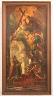 Baroque Painting of Saint Anthony's Death.: Unsigned Baroque Oil on Canvas Religious Painting Depicting Saint Anthony's Death. Image size 50-1/2" x 25", in an antique molded frame, 55-1/2" x 30" overall. Condition: Good with some old restoratio