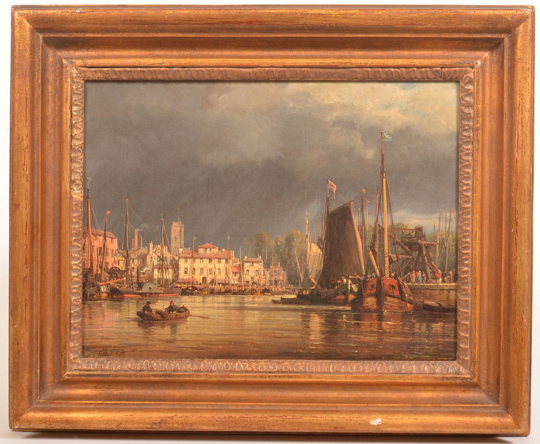 European Harbor Scene Oil on Canvas Painting. (1 of 4)