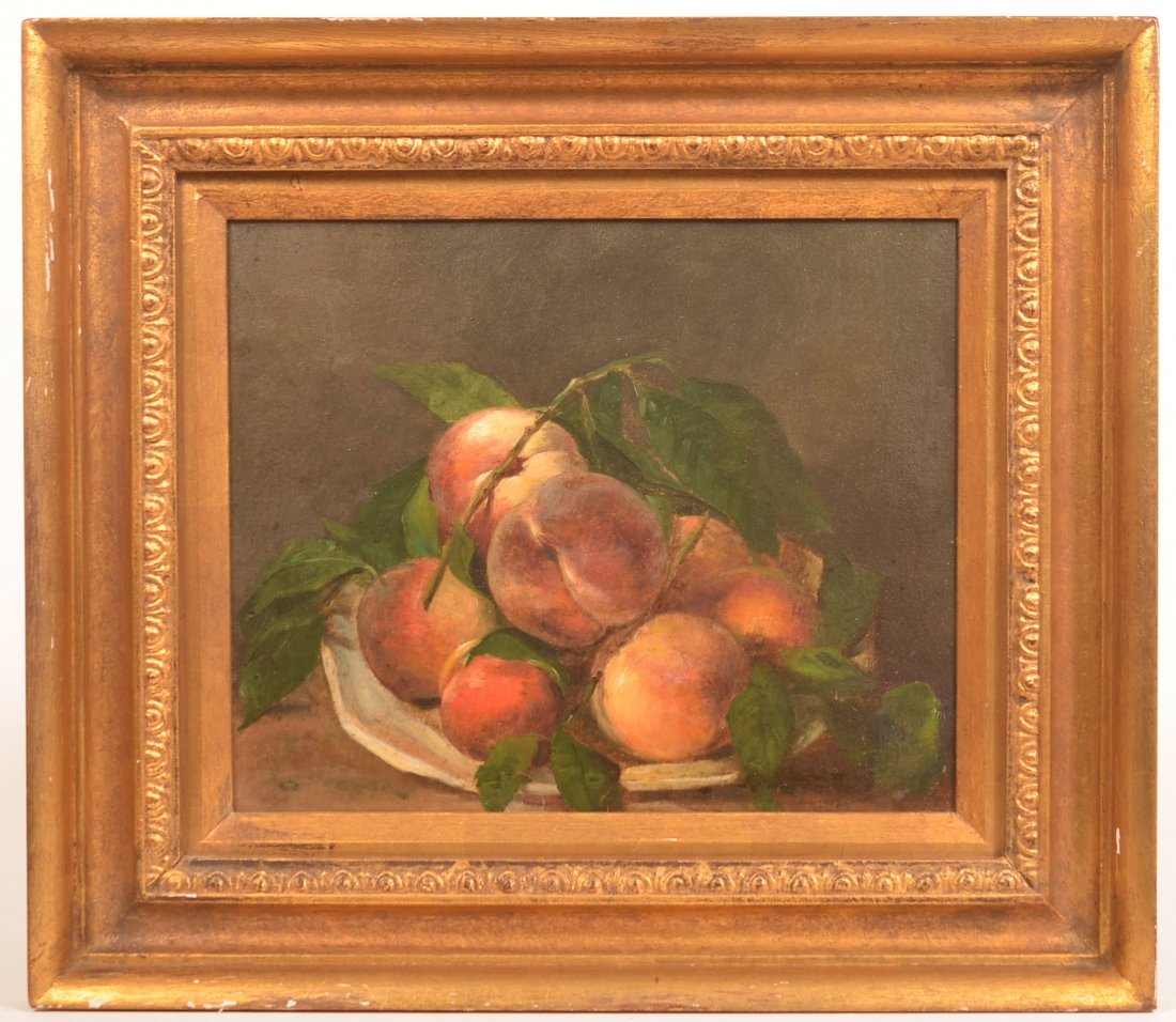 S.R. Fanshaw Still Life Painting of Peaches.: 19th Century Oil on Artist Board Still Life Painting of Peaches. Labeled on back " Study of Peaches by S.R. Fanshaw. (Samuel Raymond Fanshaw, New York, 1814-1888). Image size 9-3/4" x 11-3/4", in an a