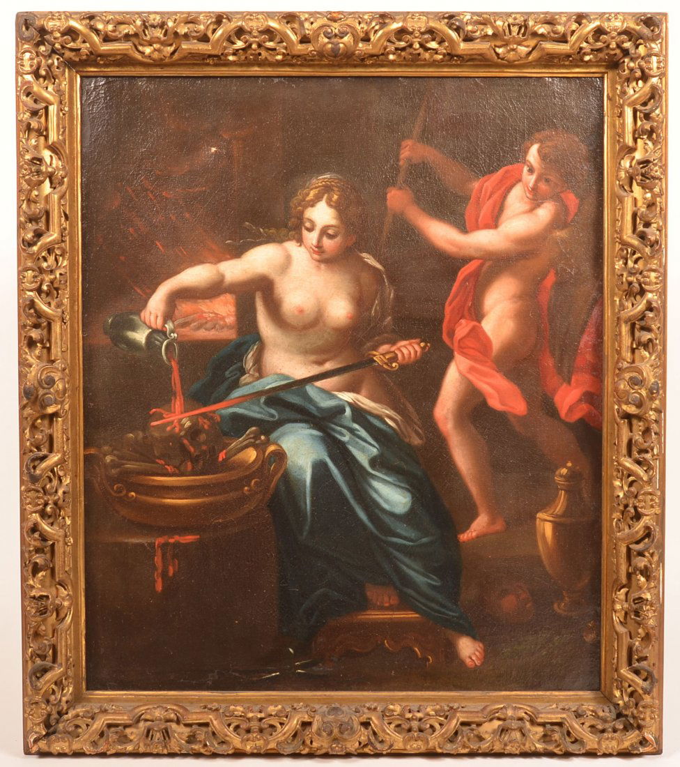 Baroque Oil on Canvas Painting.: Baroque Oil on Canvas Painting. Depicting a young woman pouring blood on a sword over a human skull and bones. Image size 28" x 23-1/2", in an ornate gilt frame, 33-1/2" x 29-1/2" overall. Condition: