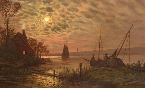 J.B. Sword Oil on Canvas Lake Scene Painting.: 19th Century Oil on Canvas Seascape Painting. Depicting a moon-lit night, cottage, view of lake with sail boats. Signed lower right "J.B. Sword". (James Brade Sword, American, 1839-1915). Born in