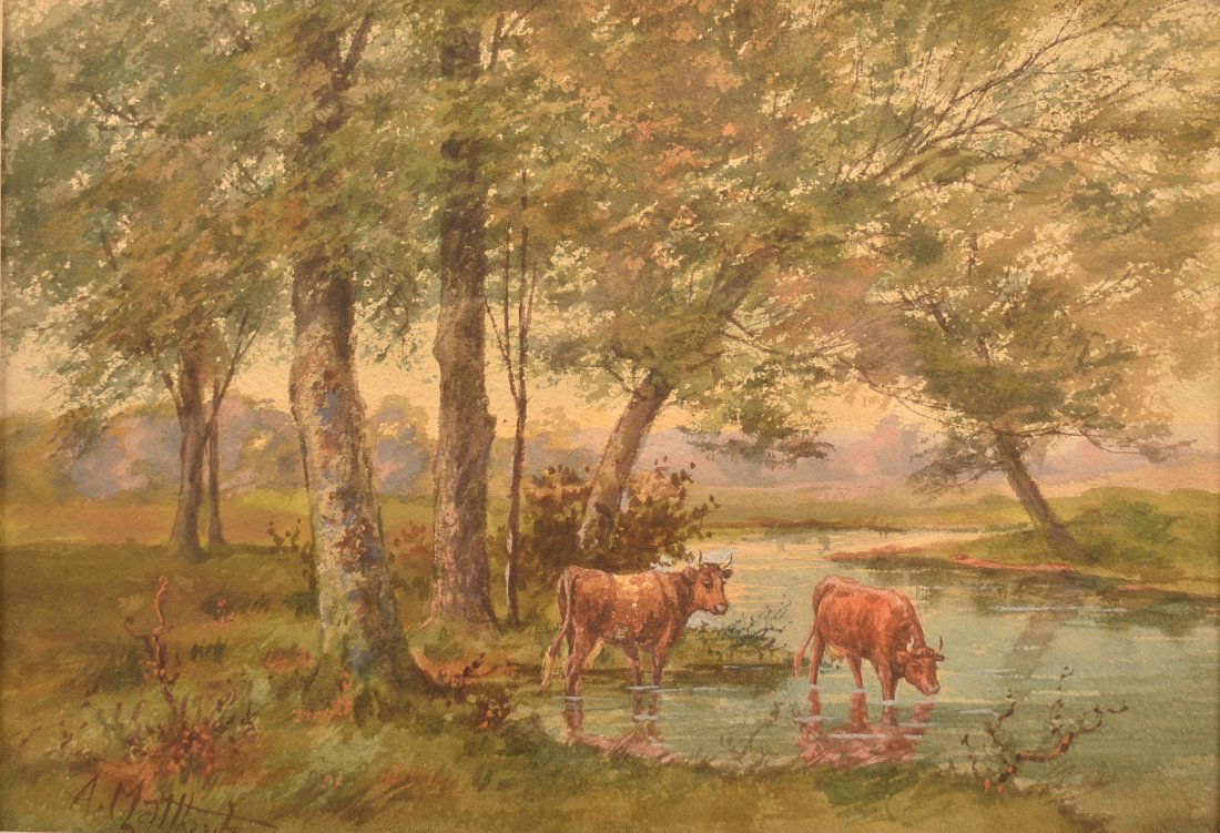 A. Matthews Cattle in Stream Watercolor. (1 of 3)