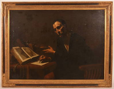 Large Oil Painting of a Man Writing at a Desk.: Large Unsigned 18th/19th Century Oil on Canvas Painting. Depicting a middle aged man writing at a desk. Image size 37-1/2" x 51-1/2", in a modern molded frame, 46-1/2" x 59-3/4" overall. Condition: Fa