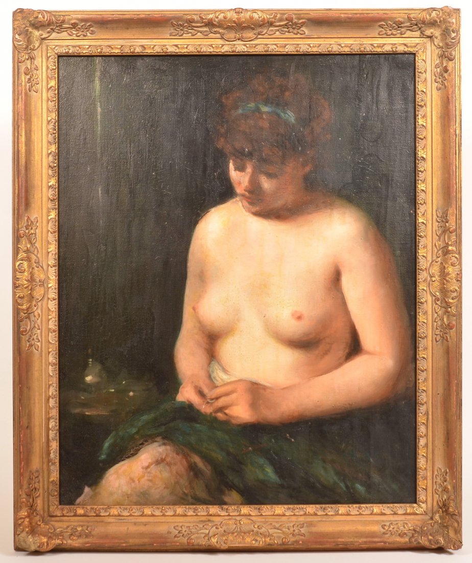 20th Century Oil on Canvas Painting of a Nude.: Unsigned 20th Century Oil on Canvas Painting of a Nude. 3/4 length semi-nude portrait of a seated woman looking at an open locket. Image size 29" x 23", in a molded frame, 35-1/2" x 29". Condition: Go
