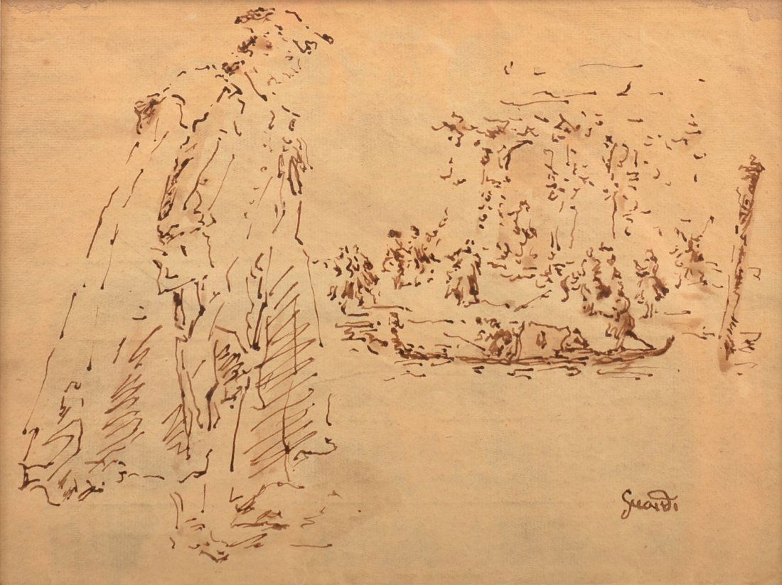 Guardi Pen and Ink of a Gentleman in Venice. (1 of 3)