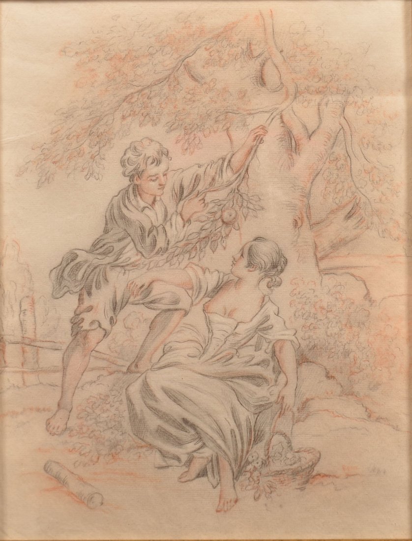 French Pencil and Red Chalk Courting Scene.: French School Pencil and Red Chalk Courting Scene. (Unsigned). Image size 9-3/4" x 7-1/4", framed and matted, 19-1/2" x 17-1/4" overall. Condition: Good with crease and light foxing.