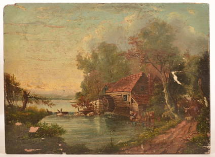 European Mill Scene Oil on Board Painting.: Unsigned European 18th/19th Century Oil on Board Painting Depicting a Small Mill House Scene. Unframed, 11-3/4" x 16". Condition: Fair with losses and wear.