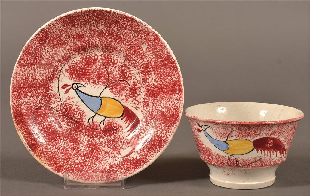 Red Spatter China Peafowl Cup and Saucer. (1 of 4)