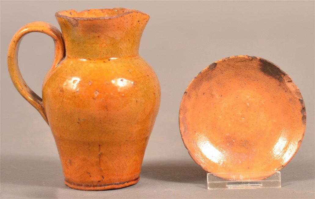19th Century Glazed Miniature Redware Pitcher. (1 of 2)