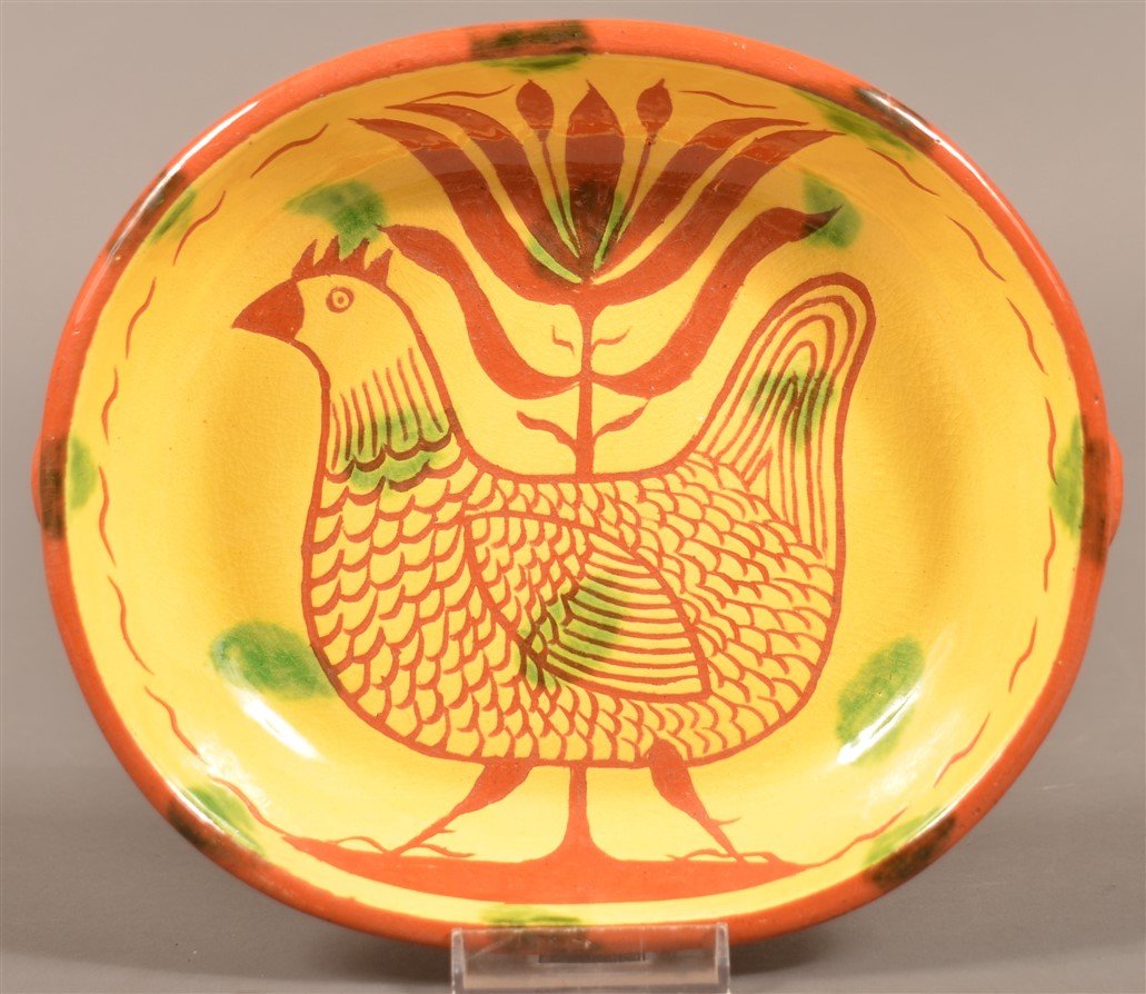 James Seagreaves Pottery Bowl.: James Seagreaves Pottery Chicken Sgrafitto Decorated Bowl. Applied Rosette Handles, signed JCS on base. 8"w. Condition: Very good.