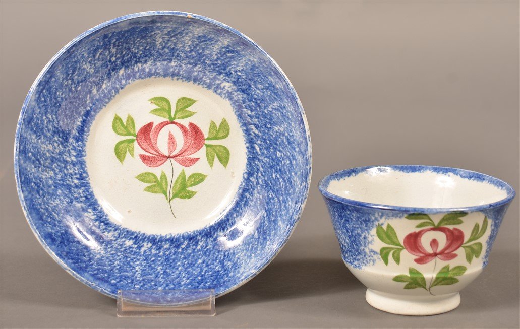 Blue Spatter Adams Rose Pattern Cup & Saucer. (1 of 2)