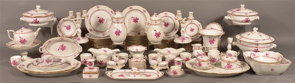 Herend Chinese Bouquet 130 Piece Dinner Service: 130 Piece Herend, Hungary "Chinese Bouquet" Raspberry Hand Painted Porcelain Dinner Service for Twelve. Condition: Excellent, one cup with hairline, one plate with pin nip.