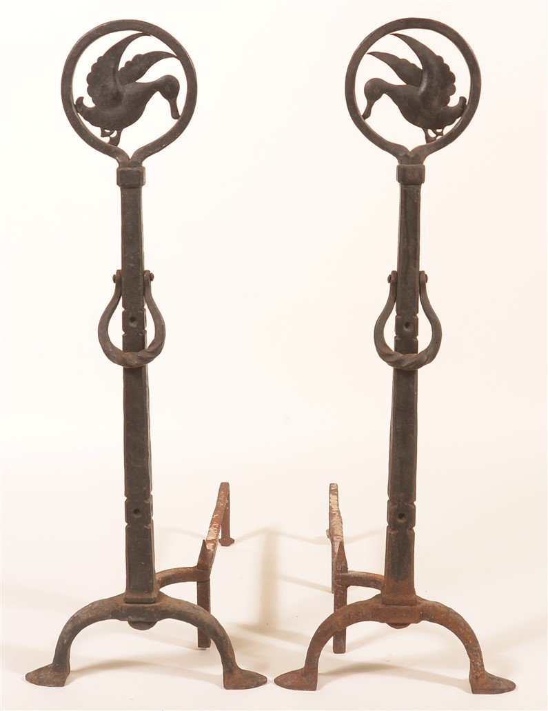Pair of Vintage Iron Andirons.: Pair of Vintage Iron Andirons with Duck in Flight Silhouette Finials. 37"h. Condition: Good with some rust and pitting.