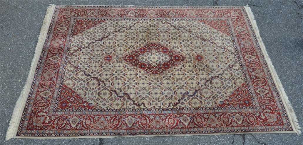Center Medallion Oriental Room Size Rug.: Vintage Center Medallion Oriental Room Size Rug. 97" x 122". Condition: Good with wear and stains.