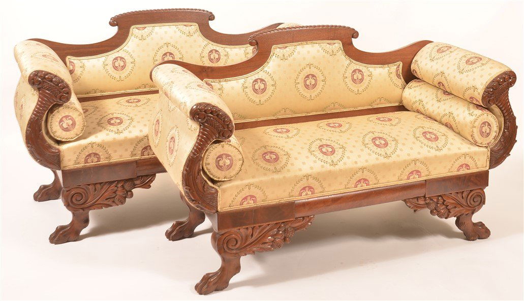 Pair of Federal Style Carved Mahogany Settees.: Pair of Federal Style Carved Mahogany Settees. Cornucopia of fruit arms, fruit carved legs with paw feet. Fine double swan in wreath upholstery similar to fabric used in the White House. Seat height 1