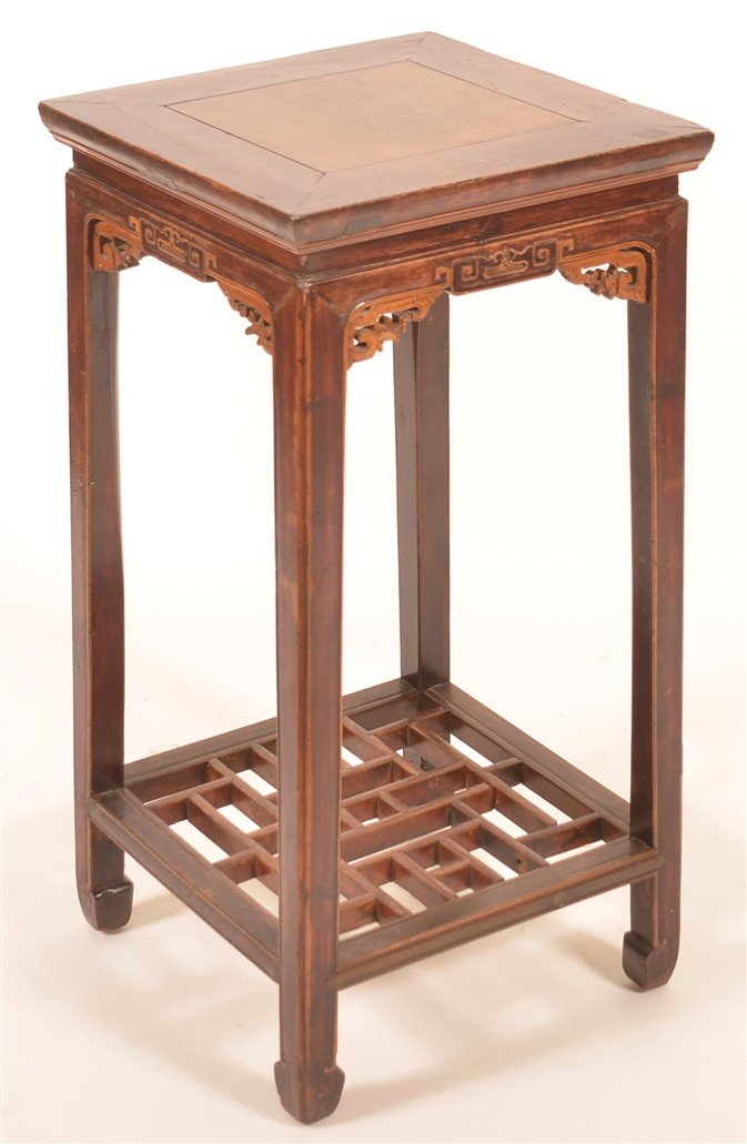 Chinese Lacquered and Carved Elmwood Stand.: Vintage Chinese Lacquered and Carved Elmwood Stand. 30-1/2"h. x 15" square. Condition: Good with wear.