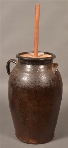 PA Glazed Redware Six Gallon Butter Churn. (1 of 3)
