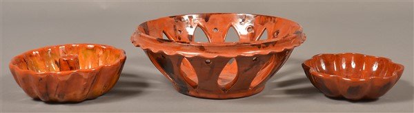 3 Pieces of Breininger Mottle Glazed Redware.: Three Pieces of Breininger Pottery Mottle Glazed Redware. Small Turks mold, 6-1/4" diam. dated 1972. Small jelly mold, 5-1/2" diam. dated 1975, and a fruit bowl, 10-1/2" diam. Dated 1980. Condition: V