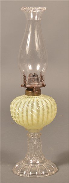 Vaseline Opalescent Pressed Glass fluid Lamp. (1 of 2)