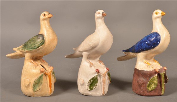 3 Antique Chalkware Pigeon on stump figures. (1 of 3)