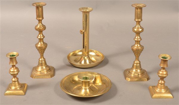 Grouping of Six Antique Brass Candlesticks. (1 of 1)
