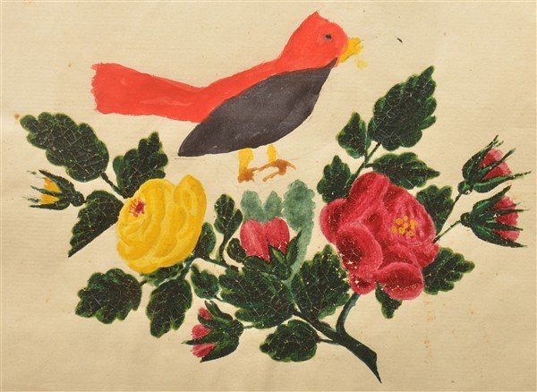 PA 19th Cent. Bird & Floral Watercolor Drawing. (1 of 3)