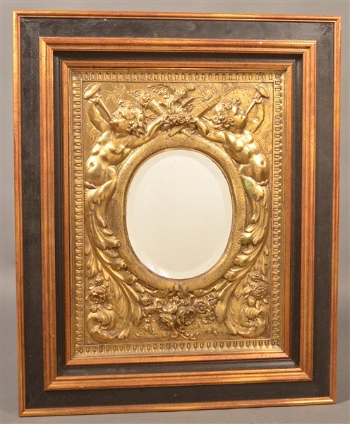 Antique Embossed Brass Framed Mirror. (1 of 3)