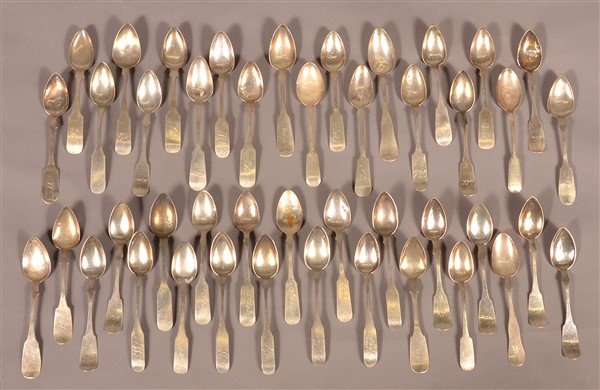 44 Various Coin Silver Fiddle-back Teaspoons. (1 of 3)