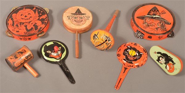 Eight Various Halloween Tin Lithograph Noise Makers. (1 of 2)