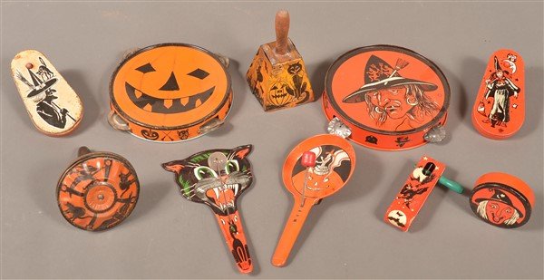 Ten Various Halloween Tin Lithograph Noise Makers. (1 of 2)