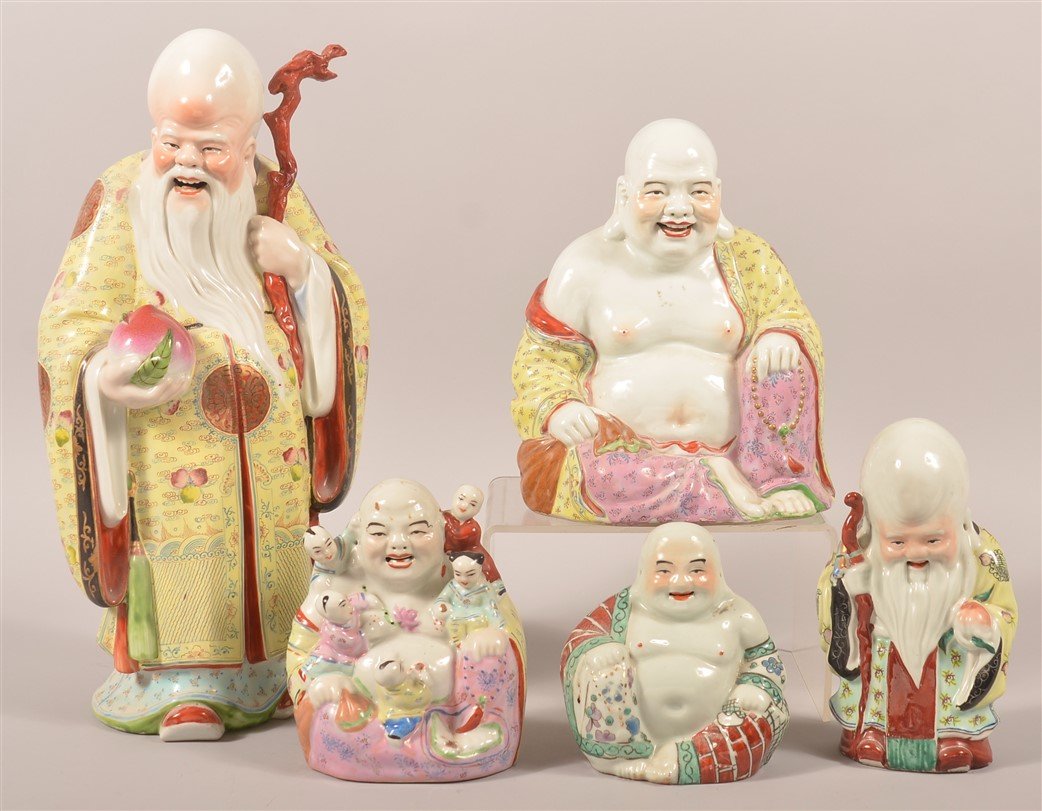5 Oriental Porcelain Buddha and Elder Figurines. (1 of 2)