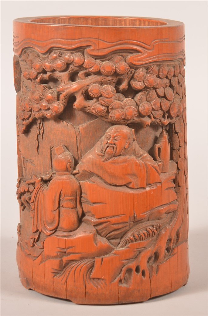 Vintage Chinese Relief Carved Bamboo Brush Pot. (1 of 3)