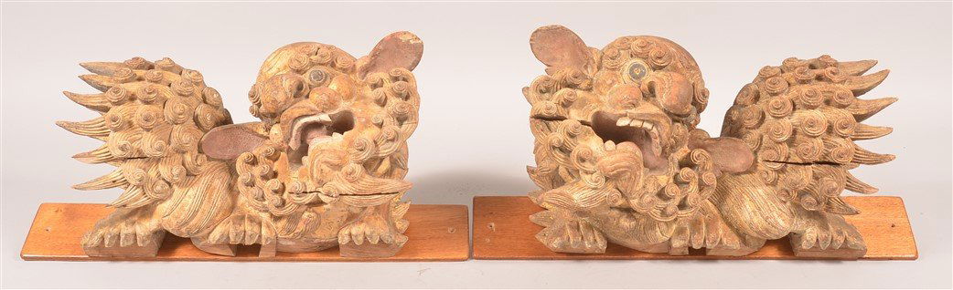 Pair of Gilt Wood Foo Dog Architectural Carvings. (1 of 3)