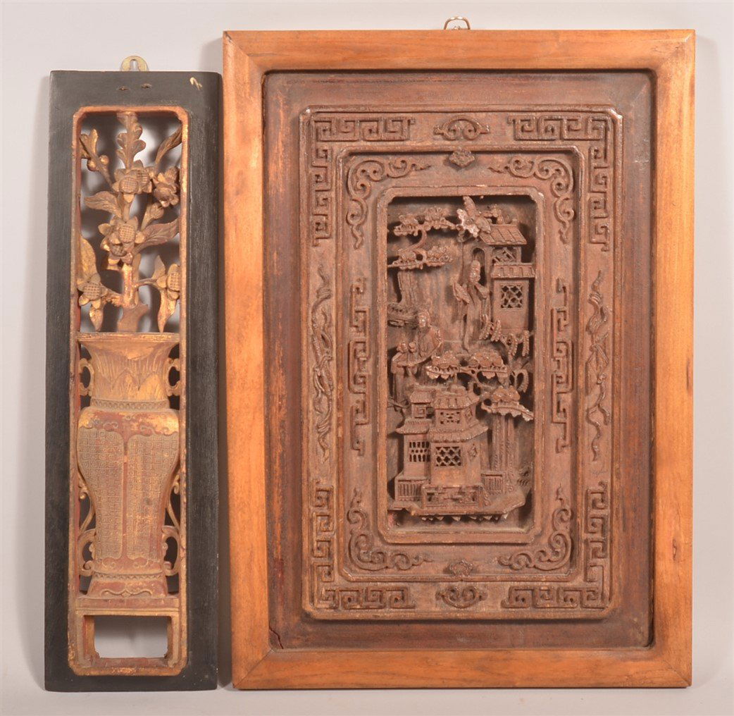 Two Antique Chinese Carved Camphor Wood Panels. (1 of 2)