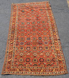 Antique Floral Pattern Oriental Area Rug.: Antique Floral Pattern Oriental Area Rug. 5' 9" x 11' 2". Condition: Good with war and fringe loss.