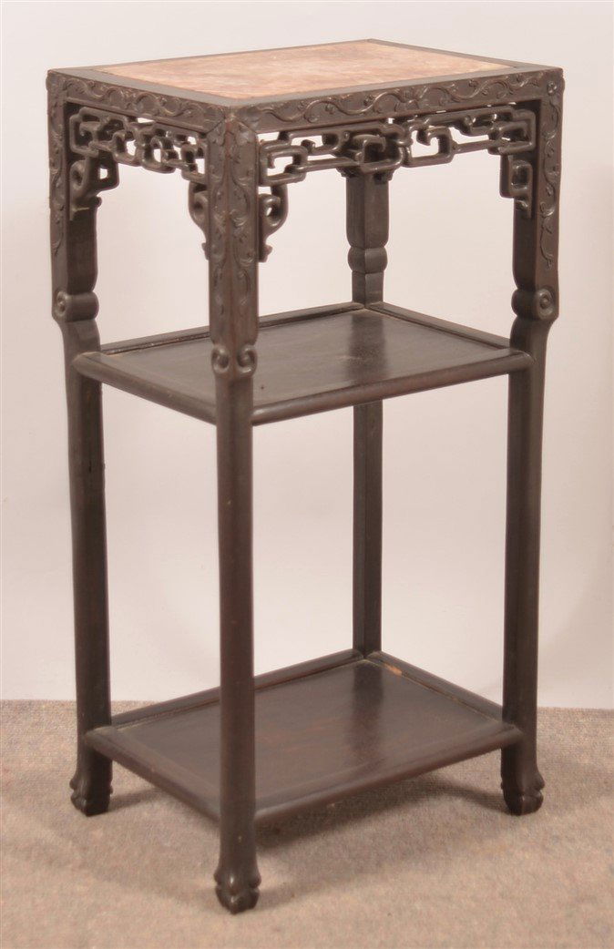 Chinese Rosewood Carved Marble Top Stand. (1 of 3)