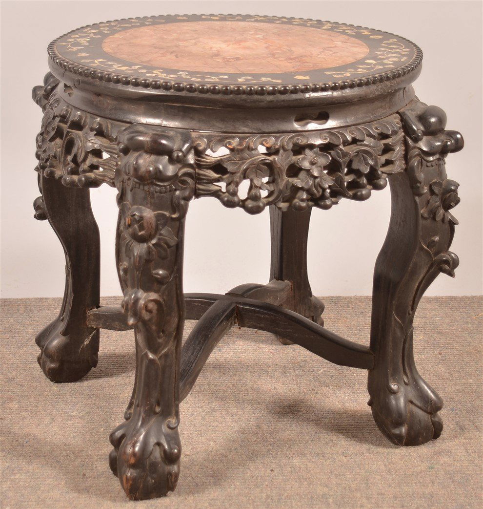 Chinese Rosewood Carved Marble Top Stand. (1 of 3)