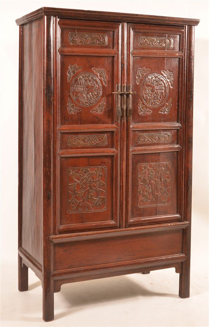 Chinese Lacquered and Carved Elmwood Cabinet. (1 of 5)