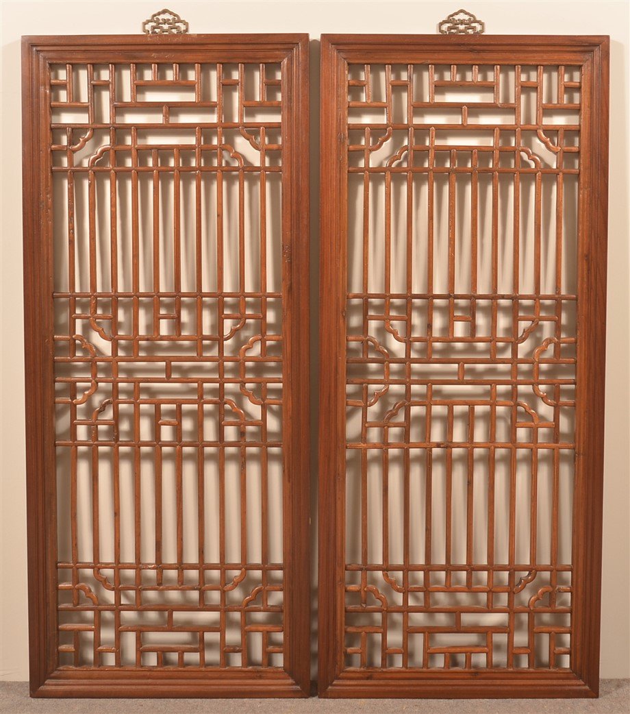 Pair of Chinese Elmwood Lattice Windows.: Pair of Late 19th/early 20th Century Chinese Elmwood Lattice Windows. 53" x 22-3/4". Condition: Good with minor wear.