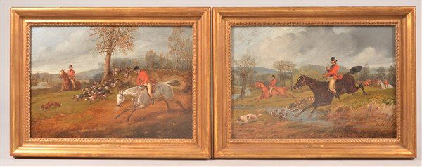Two Henry Thomas Alken Fox Hunt Scene Oil Paintings.: Pair of Henry Thomas Alken Fox Hunt Scene Oil on Canvas Paintings. (British, 1785-1851). Full Cry and The End of the Hunt. One is signed lower right "H. Alken". Image size 11-1/2" x 16-1/2", in matchi