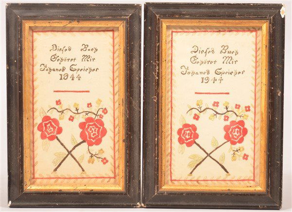 2 Lancaster Co., PA Amish Watercolor & Ink Bookplates.: Pair of Lancaster Co., PA Amish Watercolor and Ink Bookplates. Signed "Johanes Speicher 1944". Image size 7" x 4-1/4", in a molded frames 9" x 6-1/4" overall. Condition: Very good with minor foxing, f